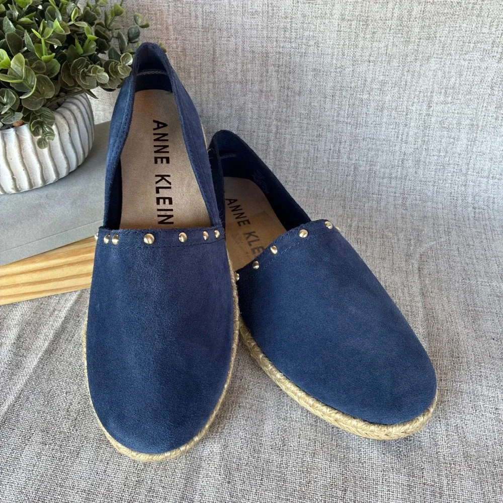 Anne Klein Espadrille Flats Navy Blue Suede Studded 7.5M Kaily iflex Slip On